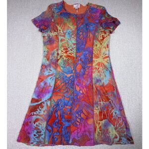 NWT Kamana Women Med Orange Blue Short Sleeve Pullover Lagenlook Vacation Dress